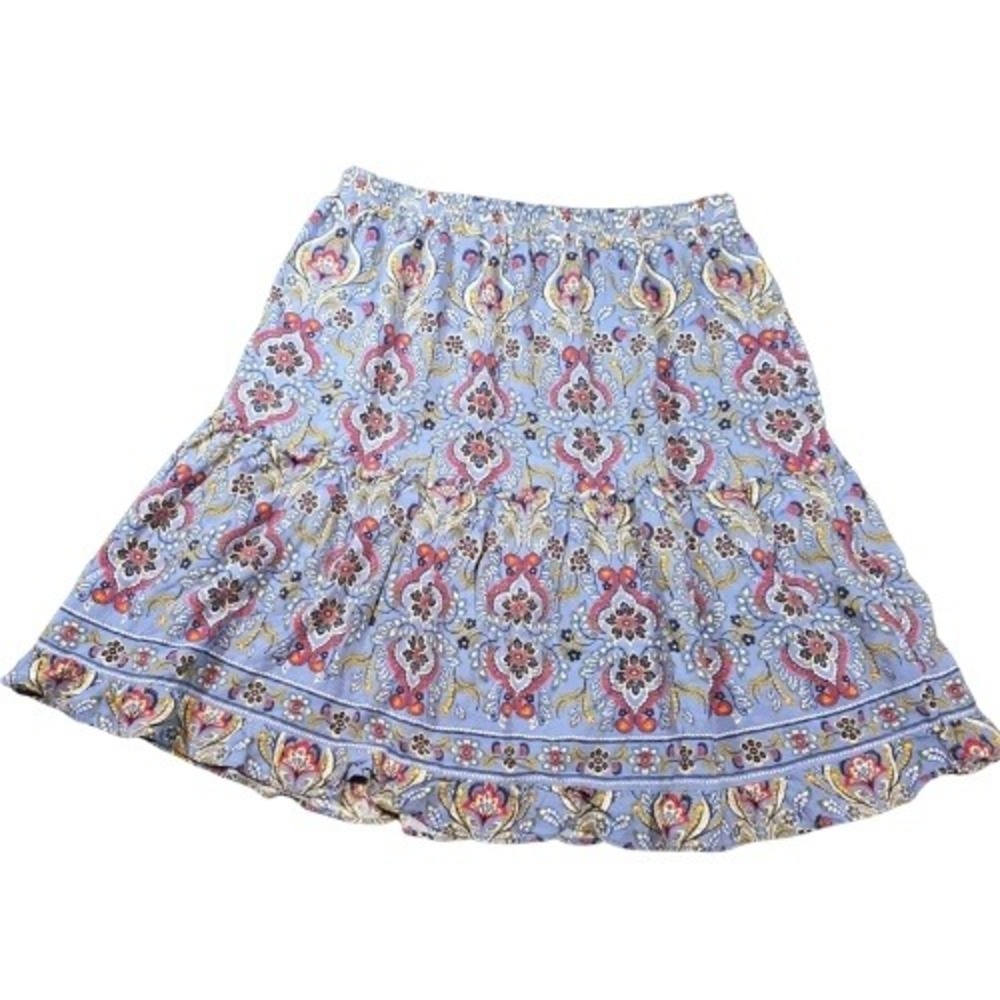 Boho XS Blue Paisley Floral Tiered Ruffle Mini Skirt Elastic Waist Womens Junior